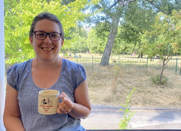 Katherine Odom drinking a cup of Yorkshire Tea