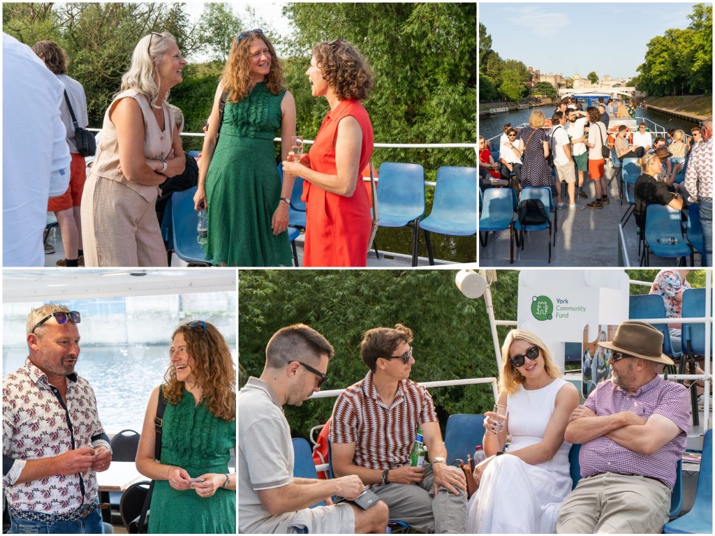 Collage of people on a boat celebrating a partnership between York Angels and Two Ridings