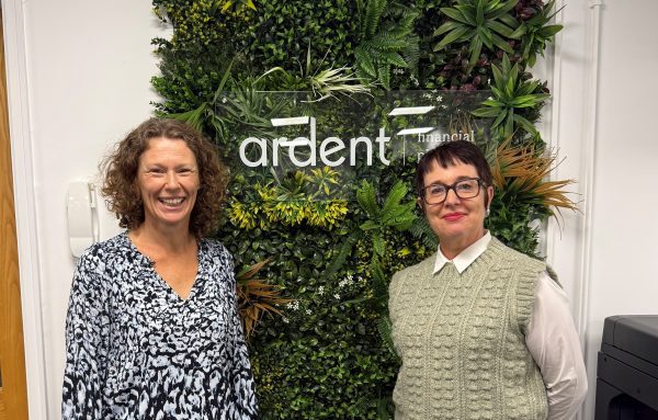Two women standing beside an Ardent Financial Planning Sign - Bec Horner Two Ridings, Elain Hughes, Ardent